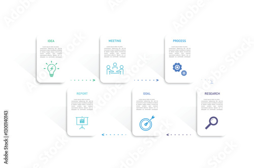 Business infographics line process with template with icons and 6 options or steps.infographics of business,idea,research,meeting,process,goal,report.for infographics design template