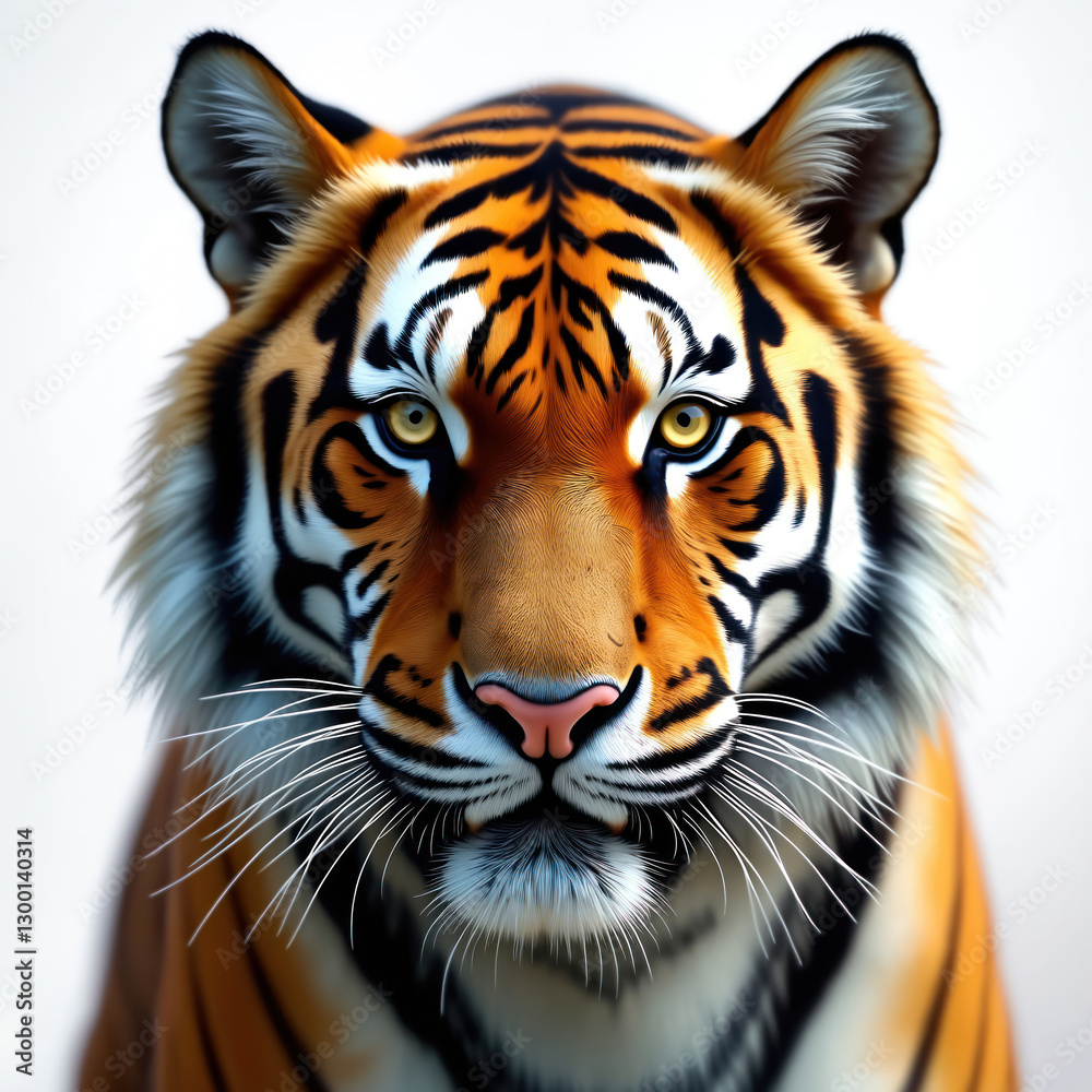 Naklejka premium Magnificent bengal tiger portrait. Striped fur, feline predator with orange, black stripes. Wild animal gazes with piercing yellow eyes. Jungle cat, isolated big mammal head on white background,