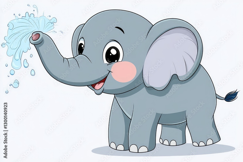Fototapeta premium Cute cartoon elephant playfully spraying water from its trunk in a cheerful, colorful setting