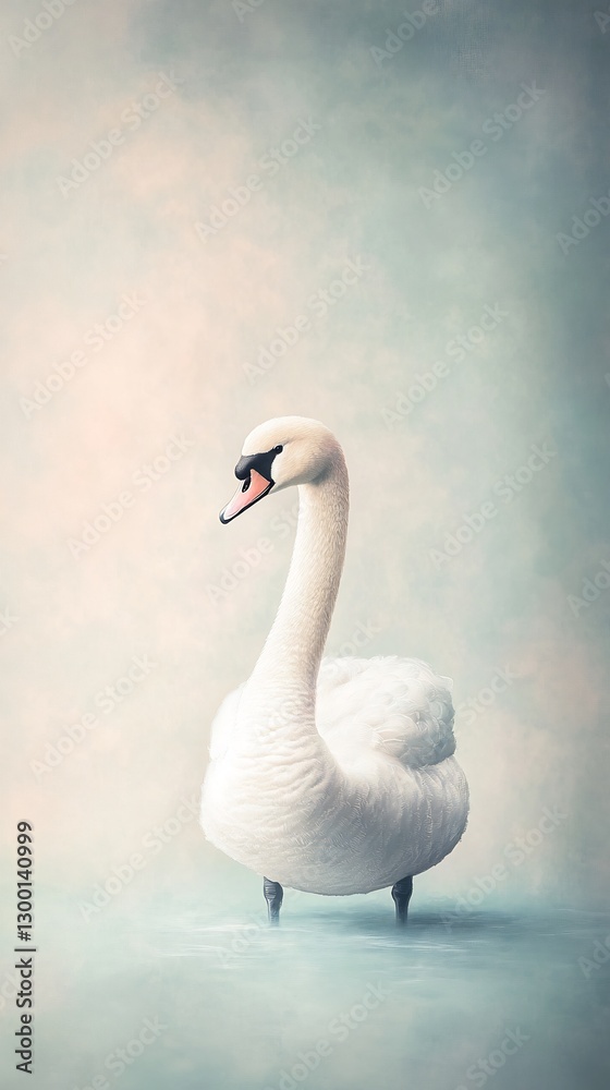 Swan white lace gown silver tiara pastel blue background high-fashion Swan white lace gown silver tiara pastel blue background high-fashion