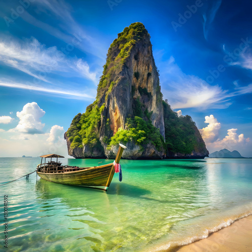 A traditional long-tail boat floating on turquoise, crystal-clear waters, surrounded by a serene tropical seascape.