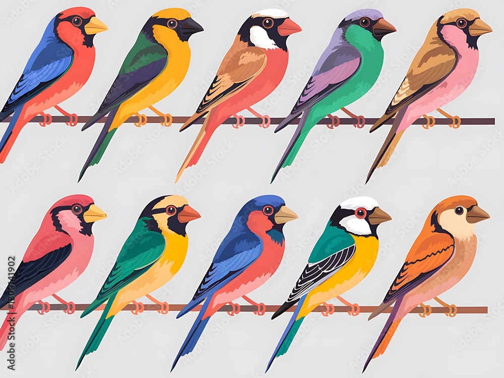 Naklejka premium Row of colorful birds are sitting on a branch