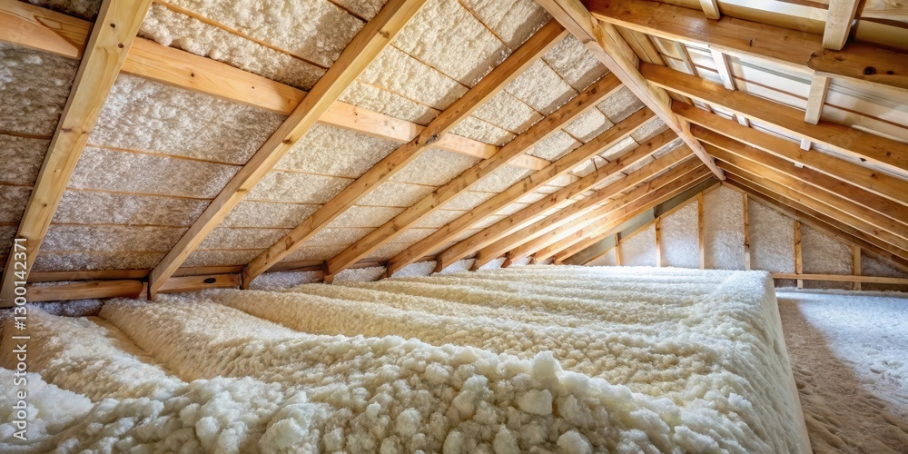 Close-up view of spray foam insulation in a wooden attic structure, showing bubbles and texture , wall insulation, home improvement Close-up view of spray foam insulation in a wooden attic structure, showing bubbles and texture , wall insulation, home improvement