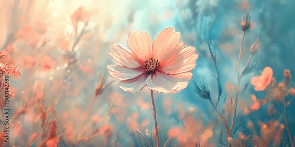 A beautiful flower blooms amidst the soft and blurred foliage backdrop A beautiful flower blooms amidst the soft and blurred foliage backdrop