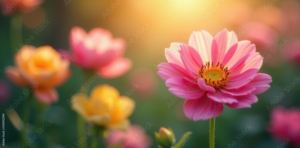 Fototapeta premium Close-up of blurred floral blooms bathed in soft light , art, blurred, pastel