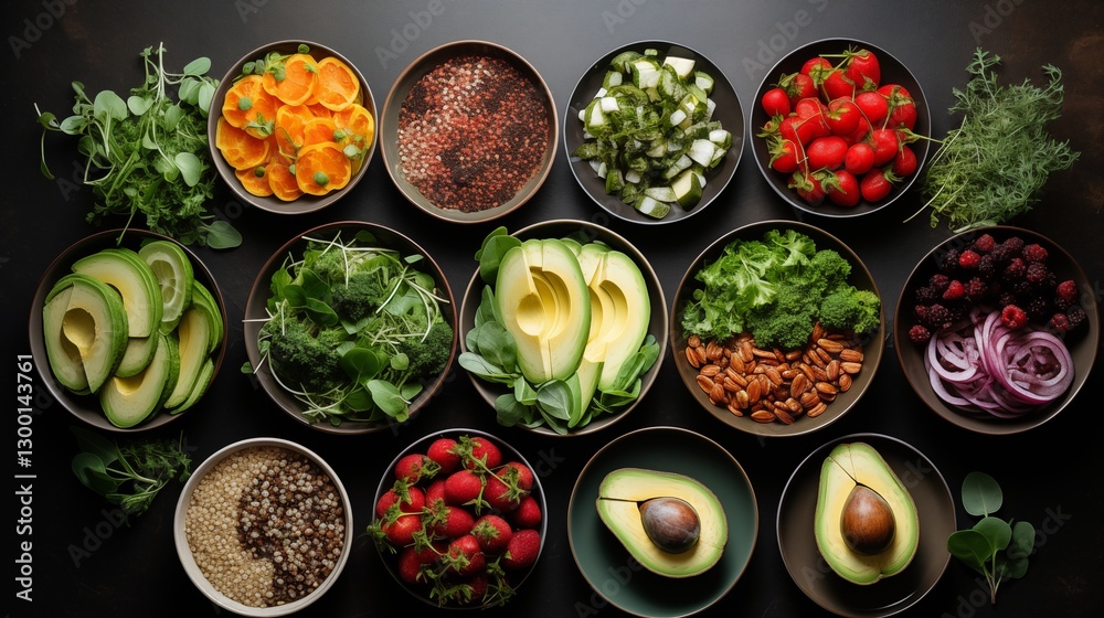 top view of healthy food plates for diet blogs background. Generative ai top view of healthy food plates for diet blogs background. Generative ai
