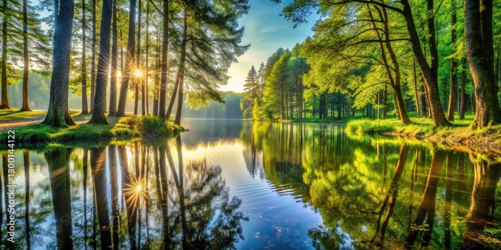 Fototapeta premium Serene forest scene with sunlight filtering through trees