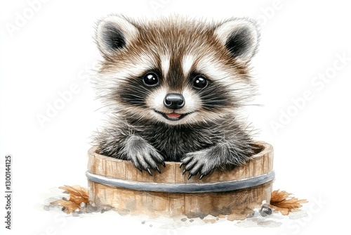 Cute raccoon peeking out from a wooden bucket with a playful expression and soft fur texture