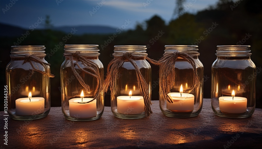 Recycled glass jar lanterns: Glass jars repurposed as lanterns with twine handles and glowing candles inside, arranged on a stone surface Recycled glass jar lanterns: Glass jars repurposed as lanterns with twine handles and glowing candles inside, arranged on a stone surface