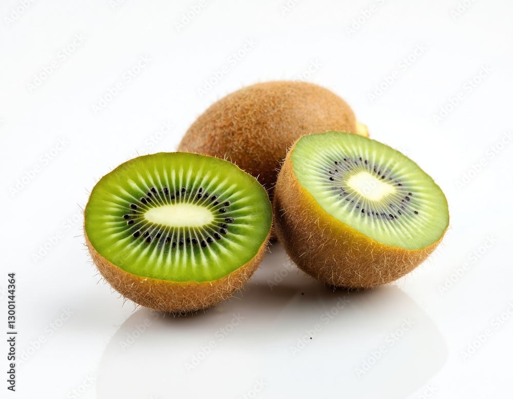 Still life of ripe whole kiwi fruit and a halved kiwi. Transparent background. Exotic fruit rich in vitamins, good for healthy diet, vegan food or raw food design projects. Still life of ripe whole kiwi fruit and a halved kiwi. Transparent background. Exotic fruit rich in vitamins, good for healthy diet, vegan food or raw food design projects.