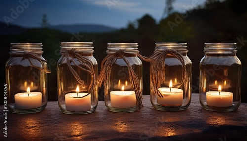 Recycled glass jar lanterns: Glass jars repurposed as lanterns with twine handles and glowing candles inside, arranged on a stone surface
