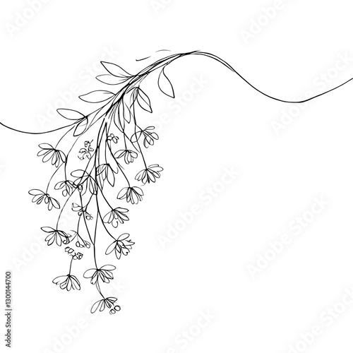 Elegant hanging vine branch with small flowers in continuous line art style.