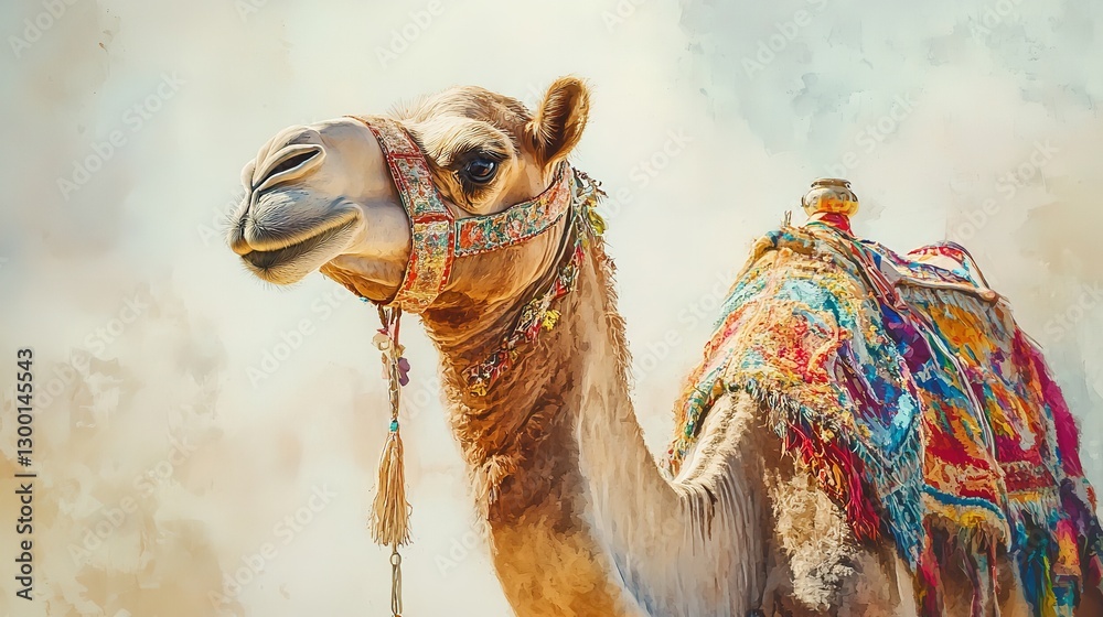 A Majestic Camel Adorned In Vibrant, Colorful Textiles Stands Proudly Against A Hazy Desert Backdrop, Its Gentle Gaze Capturing The Essence Of Ancient Traditions And Desert Beauty With A Soft Watercol