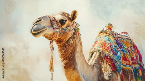 Obraz na płótnie A Majestic Camel Adorned In Vibrant, Colorful Textiles Stands Proudly Against A Hazy Desert Backdrop, Its Gentle Gaze Capturing The Essence Of Ancient Traditions And Desert Beauty With A Soft Watercol w salonie