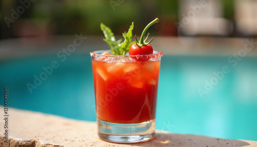 Wallpaper Mural Savory Bloody Mary cocktail garnished with cherry tomatoes and herbs served in a glass with ice by the poolside Torontodigital.ca