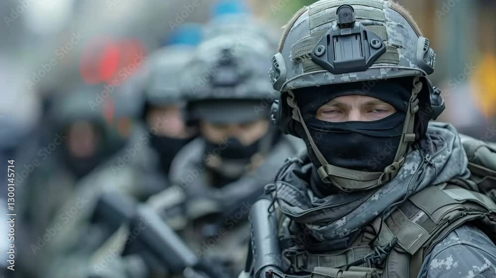Portrait of a soldier in full gear as part of a military unit. AI-generated item
Portrait of a soldier in full gear as part of a military unit. AI-generated item