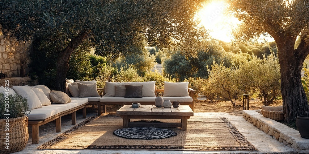 Idyllic rustic garden terrace with handcrafted wooden furniture and soft beige cushions in the warm sunlight of late afternoon Idyllic rustic garden terrace with handcrafted wooden furniture and soft beige cushions in the warm sunlight of late afternoon