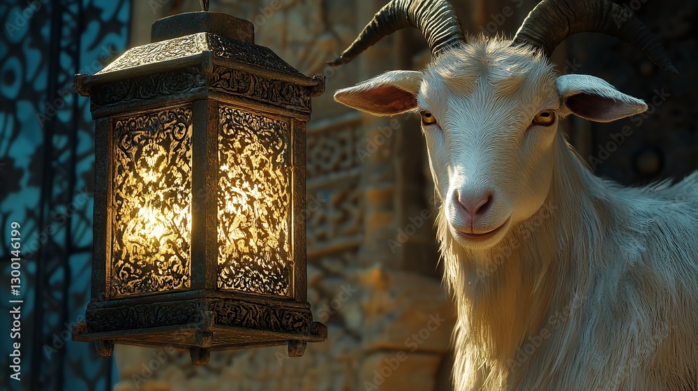 A Majestic White Goat Stands Serenely Near An Ornate Lantern, Bathed In Warm Golden Light, Creating A Mystical And Peaceful Ambiance