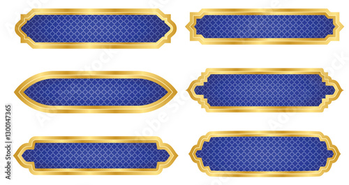Set of six Islamic decorative nameplates. Arabic-style labels with golden ornate borders and blue geometric pattern background. Vector collection for invitation, greeting card, and design template