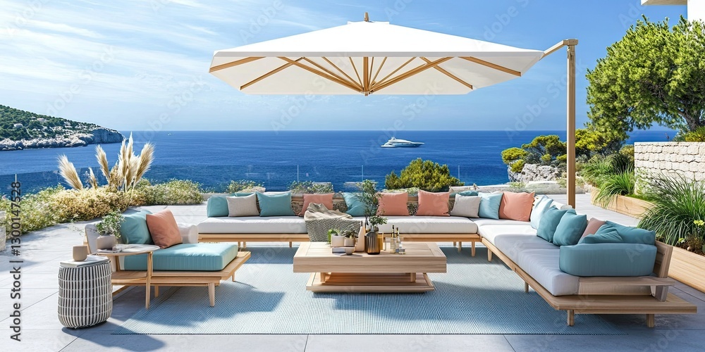 Fototapeta premium Serene coastal outdoor lounge with light wood furniture and pastel cushions