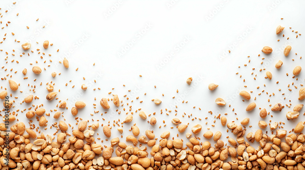 Roasted Peanuts and Sesame Seeds Scattered on a White Background Roasted Peanuts and Sesame Seeds Scattered on a White Background