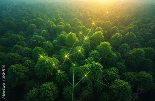 Aerial view of vibrant green forest with glowing communication lines at dawn. Concept of eco friendly digital tech, telecom, environmental protection, carbon neutrality, sustainable development,