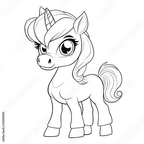 Cute Unicorn Illustration: A charming illustration of a friendly unicorn, with a single horn, flowing mane, and gentle eyes, embodying magic, fantasy, and childhood wonder.
