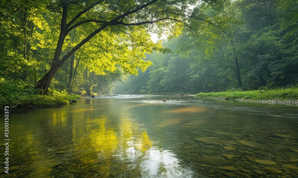 Fototapeta premium Calm River Reflection in Misty Forest at Sunrise
