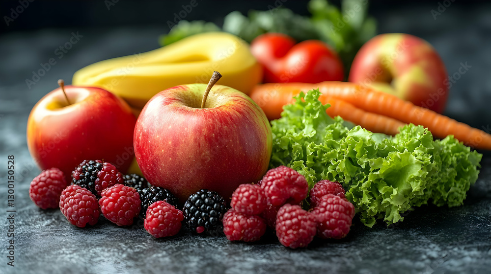 Assortment Of Fresh Fruits And Vegetables On Dark Background Assortment Of Fresh Fruits And Vegetables On Dark Background