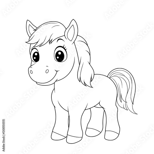 Adorable Pony Line Art: This charming line art illustration captures a cute pony, featuring a delightful expression. It's perfect for coloring books or any project. 