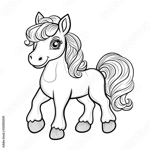 Playful Pony Sketch: A delightful line art illustration of a charming pony with a flowing mane, expressive eyes, and a friendly demeanor, perfect for coloring or design projects.
