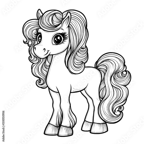 Dreamy Pony in Monochrome: A whimsical, hand-drawn monochrome illustration depicts a charming pony with flowing mane and tail, exuding a playful and endearing charm.