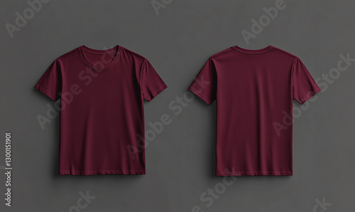 Front and back view of a maroon t-shirt laid flat on a surface, a flat lay concept used as a mockup design template