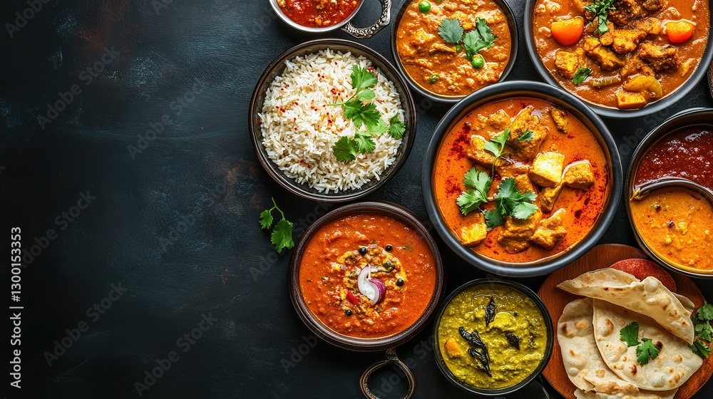 Assorted Indian food set on dark grey background, Bowls and plates with different dishes of Indian cuisine. Pongal with sambar and chutney. Top view, 8k Assorted Indian food set on dark grey background, Bowls and plates with different dishes of Indian cuisine. Pongal with sambar and chutney. Top view, 8k