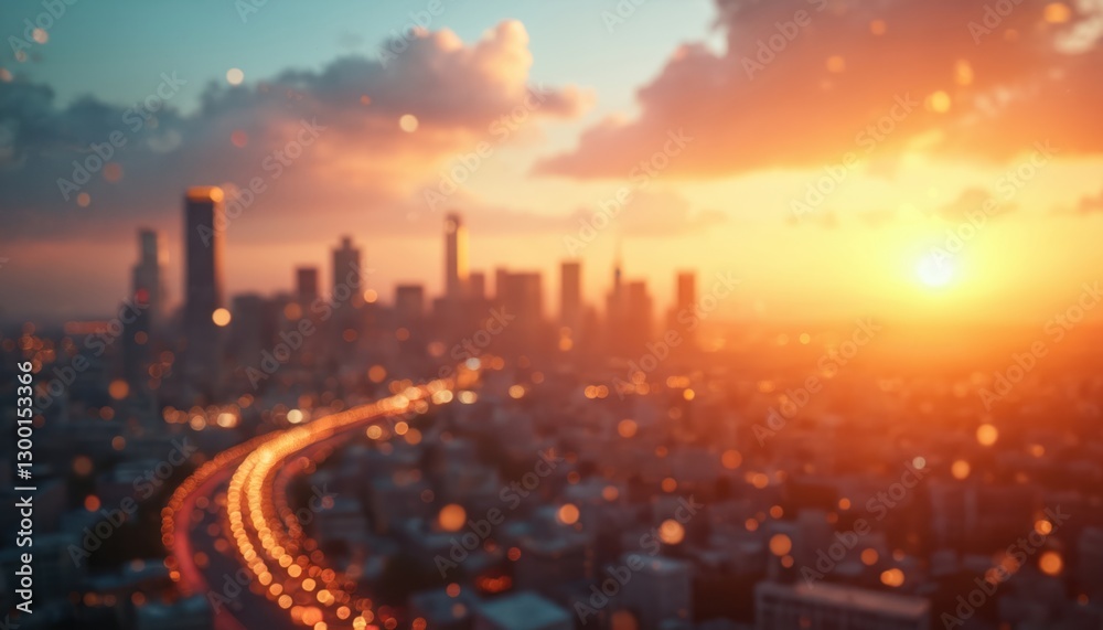 Fototapeta premium Blurred sunset city bokeh. Abstract glowing urban background. Colorful blurred skyline with modern buildings. Twilight blurry road traffic lights, highway motion and dark night scene. Travel concept.