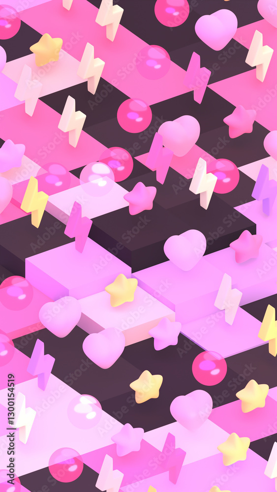 3D render thunderbolts, hearts, and stars on cubic floor. 3D render thunderbolts, hearts, and stars on cubic floor.