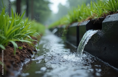 Rainwater flows into stormwater drain system with green vegetation. Urban water runoff infrastructure. Eco-friendly water management solution. Sustainable drainage systems. Preserving water quality,
