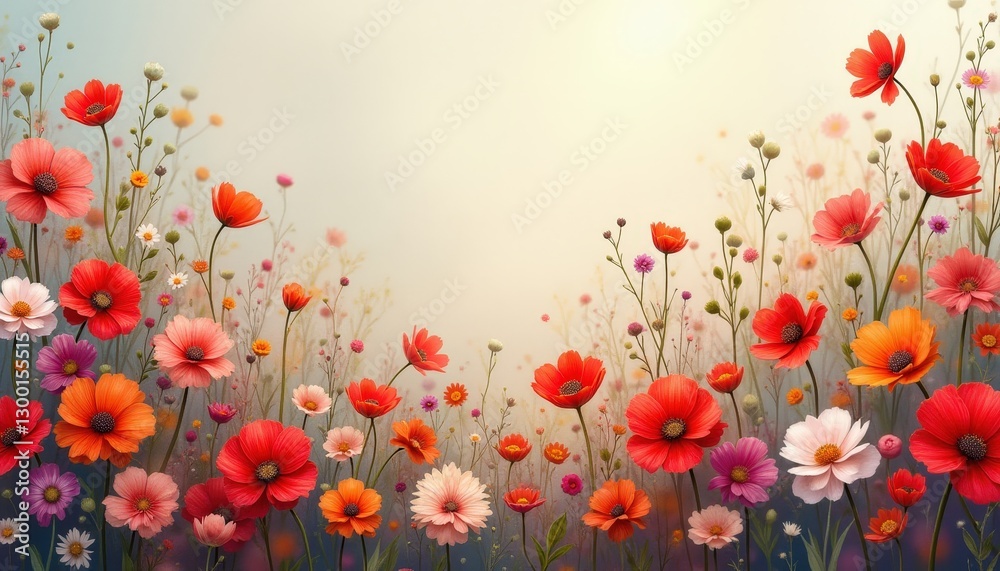 Fototapeta premium Vibrant Red and Orange Cosmos Flowers in a Sunny Meadow Summer Floral Background