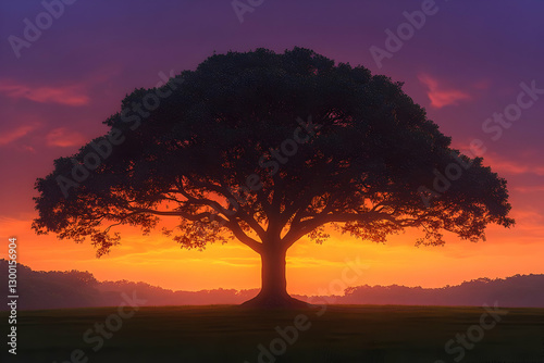 Silhouette Tree At Colorful Sunset Landscape