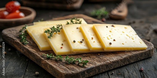 Slices of yellow cheese on a rustic wooden board garnished with herbs and spices in a cozy kitchen setting
