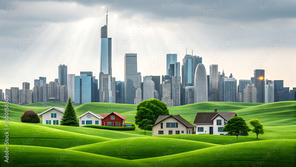 Obraz premium financial inclusionvibrant landscape transitioning from rural homes to modern skyline