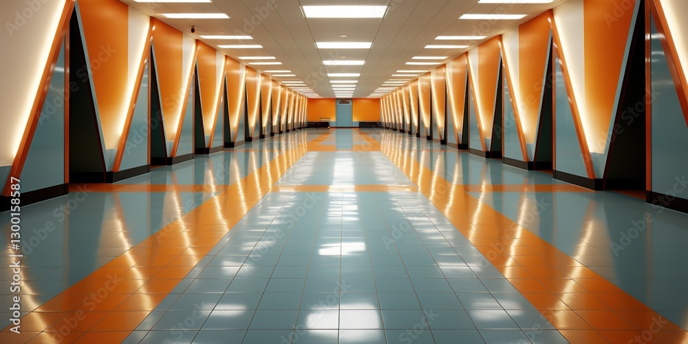 Fototapeta premium Futuristic hallway with neon lights in blue and orange creating an abstract geometric digital art 