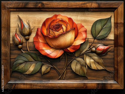 Wooden framed rectangular design of a single wild rose created in traditional Sorrento Wood Marquetry Wall Art.