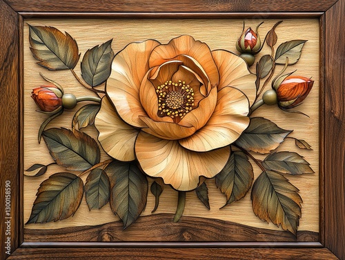 Wooden framed rectangular design of a single wild rose created in traditional Sorrento Wood Marquetry Wall Art.