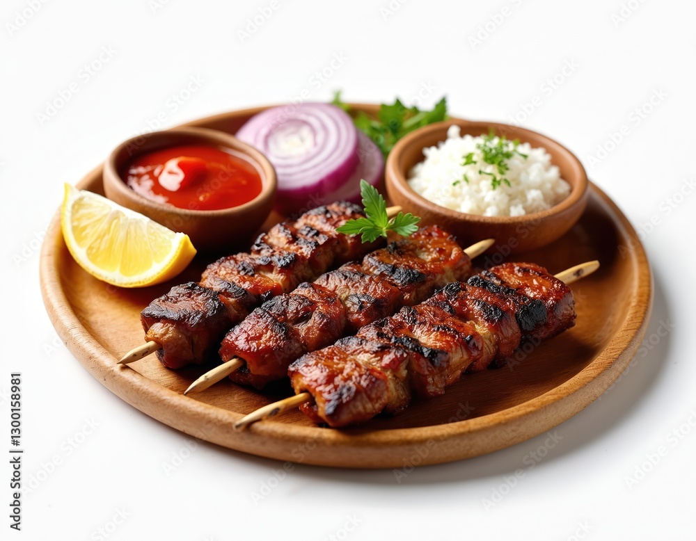 Grilled beef skewers, shish kebab with rice, red sauce, lemon, onion rings on wooden plate. Roasted meat snack cooked, marinated for picnic. Delicious pork shashlik, traditional meal. Grilled beef skewers, shish kebab with rice, red sauce, lemon, onion rings on wooden plate. Roasted meat snack cooked, marinated for picnic. Delicious pork shashlik, traditional meal.