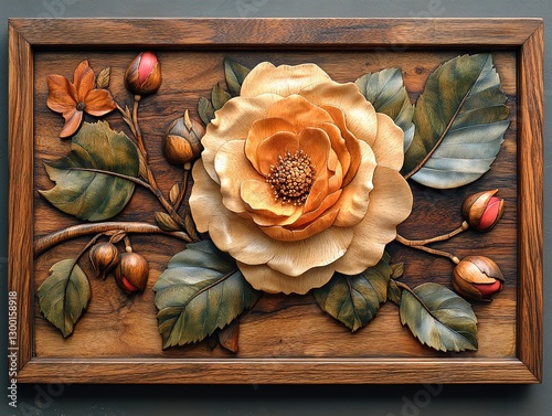 Wooden framed rectangular design of a single wild rose created in traditional Sorrento Wood Marquetry Wall Art.