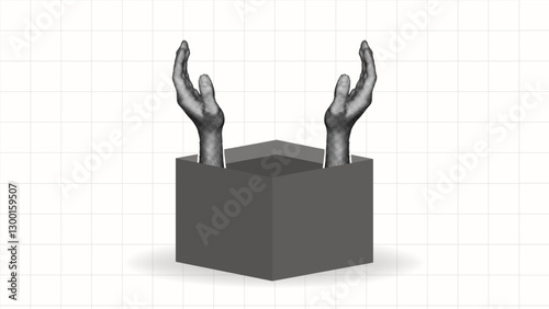 halftone collage, hands emerging from an empty box, symbolizing creativity, mystery, and escape