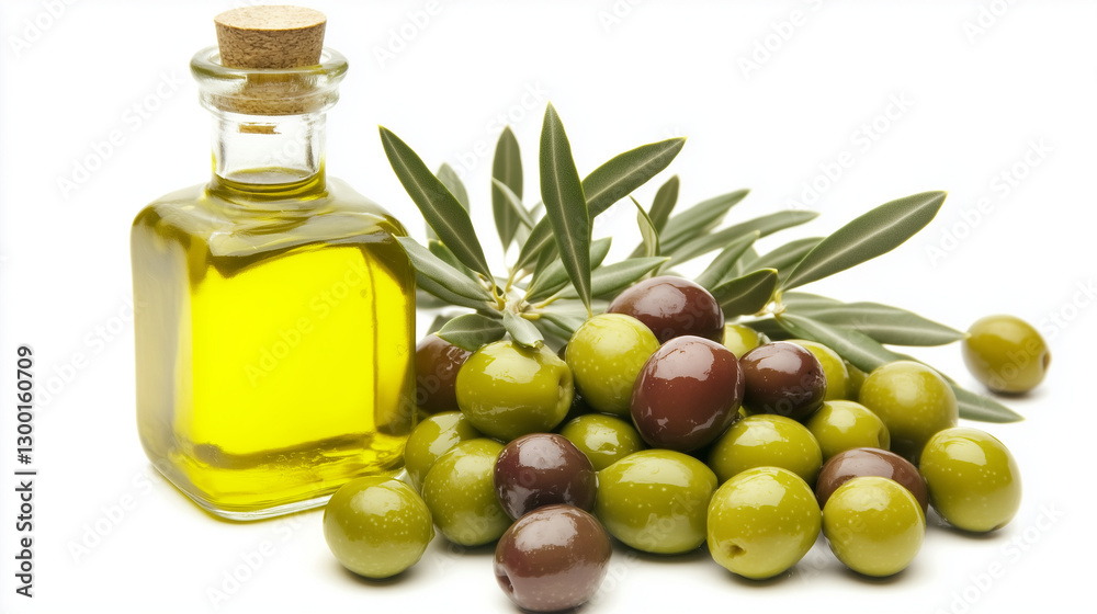 Overhead 45-Degree View of a Fresh Olive Branch with Ripe Olives and Glass Bottle of Golden Olive Oil on Rustic Wooden Background Overhead 45-Degree View of a Fresh Olive Branch with Ripe Olives and Glass Bottle of Golden Olive Oil on Rustic Wooden Background