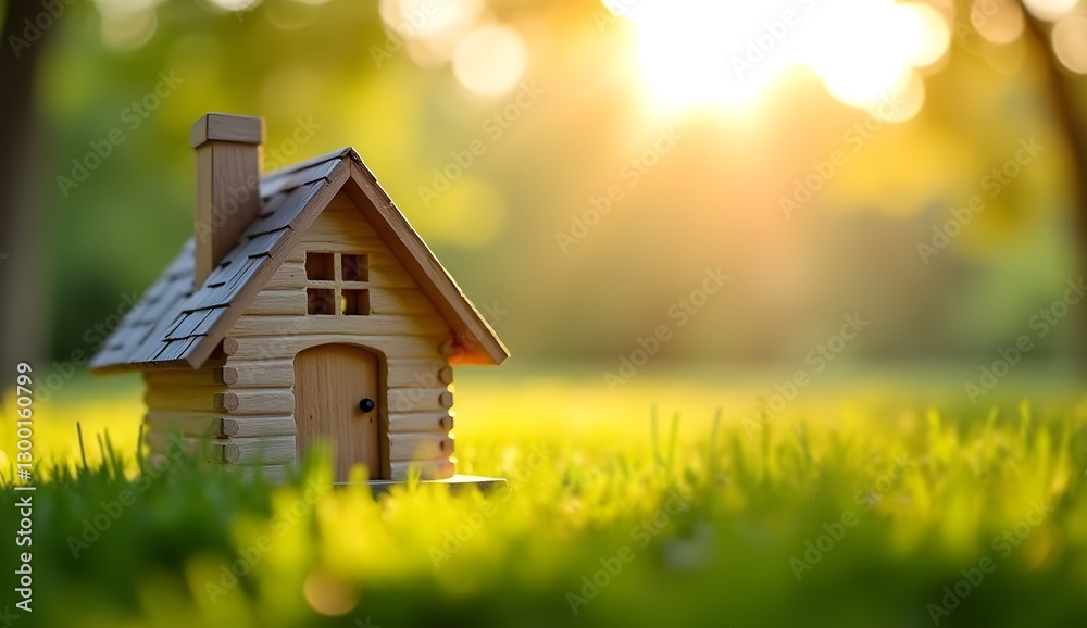 Tiny wooden house on lush green grass bathed in soft morning sunlight Tiny wooden house on lush green grass bathed in soft morning sunlight