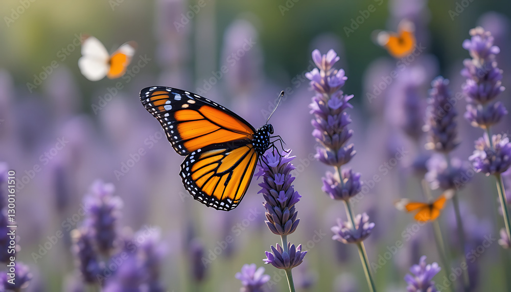 Monarch Butterfly Resting on Purple Lavender Bloom with Blurred Background in Garden
Monarch Butterfly Resting on Purple Lavender Bloom with Blurred Background in Garden